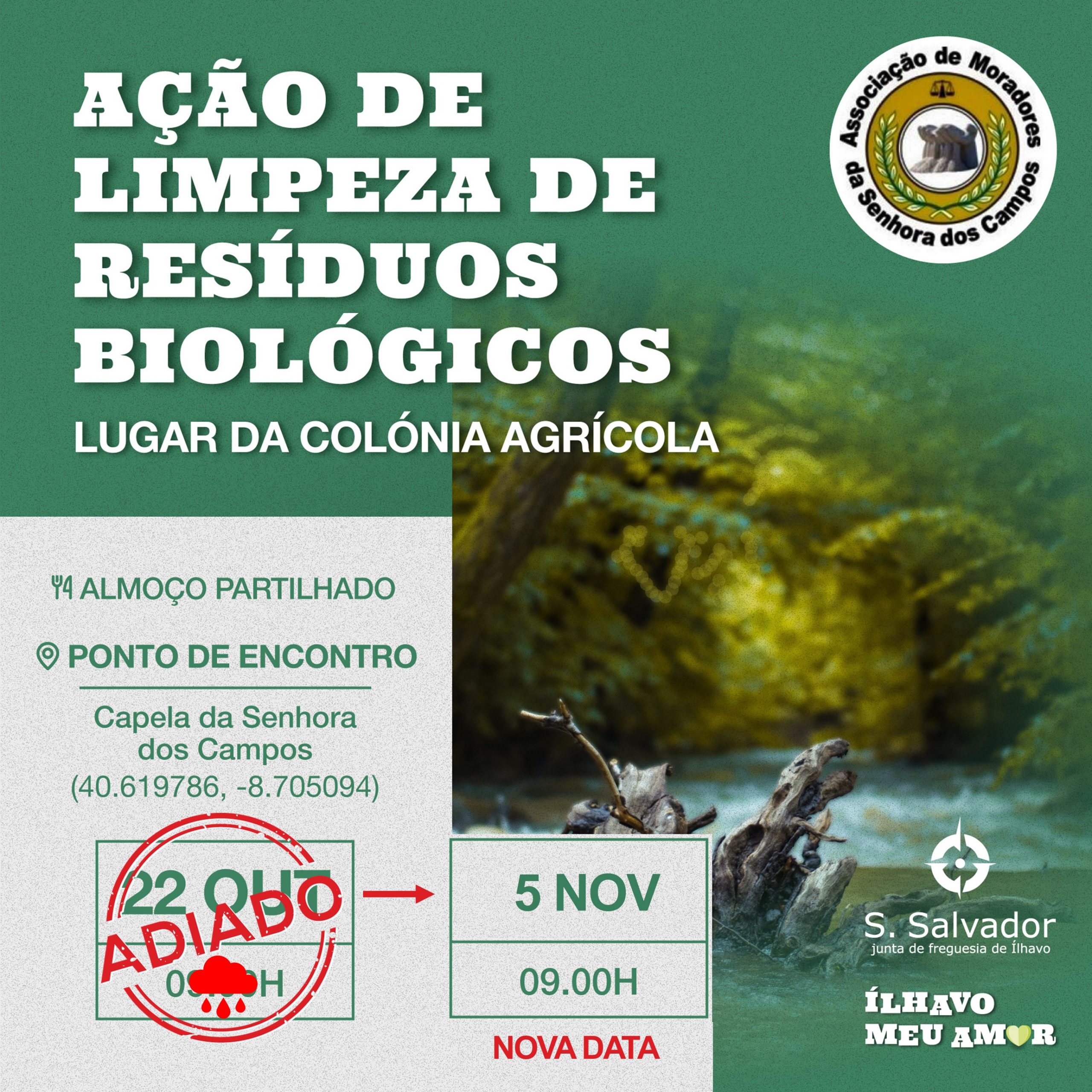 Ação de limpeza de resíduos biológicos na Colónia Agrícola adiada para 5 de novembro